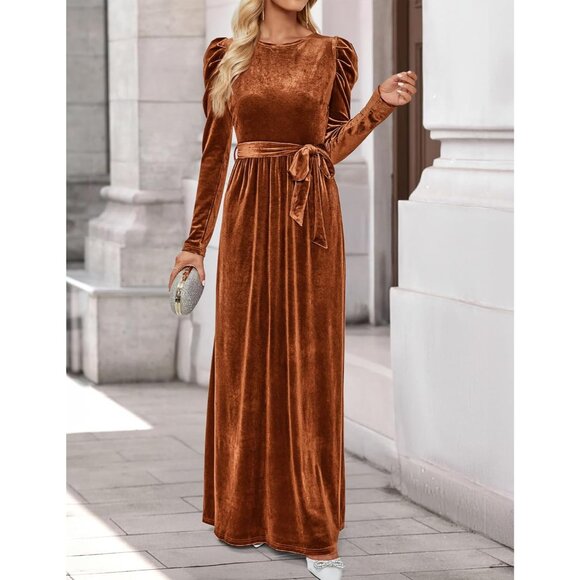 Luxury Velvet Long Sleeve Maxi Dress for Women - Chic High Waist Cocktail Gown - Picture 7 of 7
